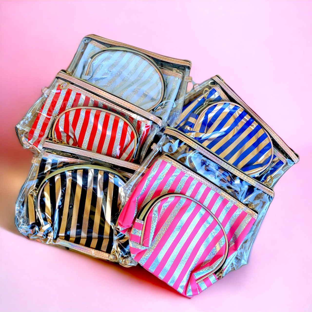 3 Pc Stripe Makeup Bag Set